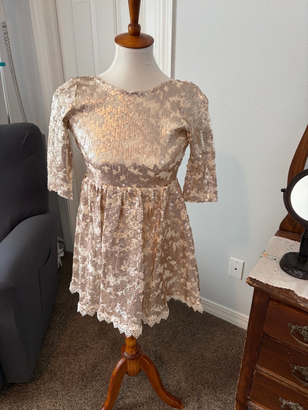 GB girls cream and champagne Gold Sequin Formal Dress